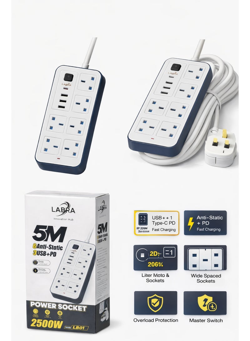 Labra 5 Meters Extension Lead with Multiple Function UK Plug 3 Pin Socket Outlet with 3 USB Port 1 Type-C Port 5M Electric Socket Mains Strip for Home Kitchen and Office - Image 1